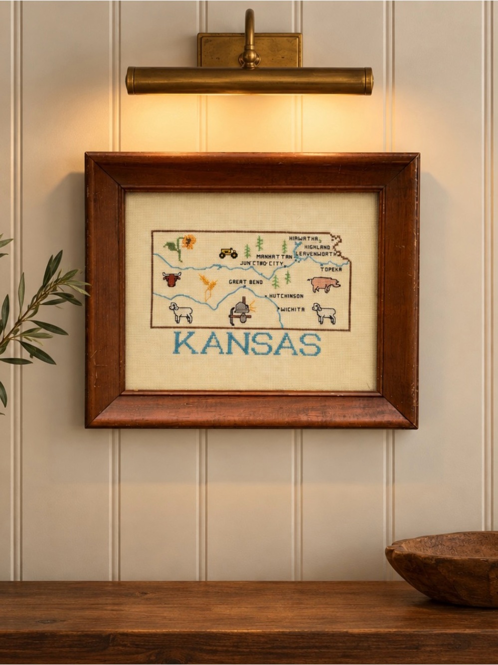 Vintage Kansas Map Cross Stitch Folk Art Framed Wall Decor Rustic Farmhouse